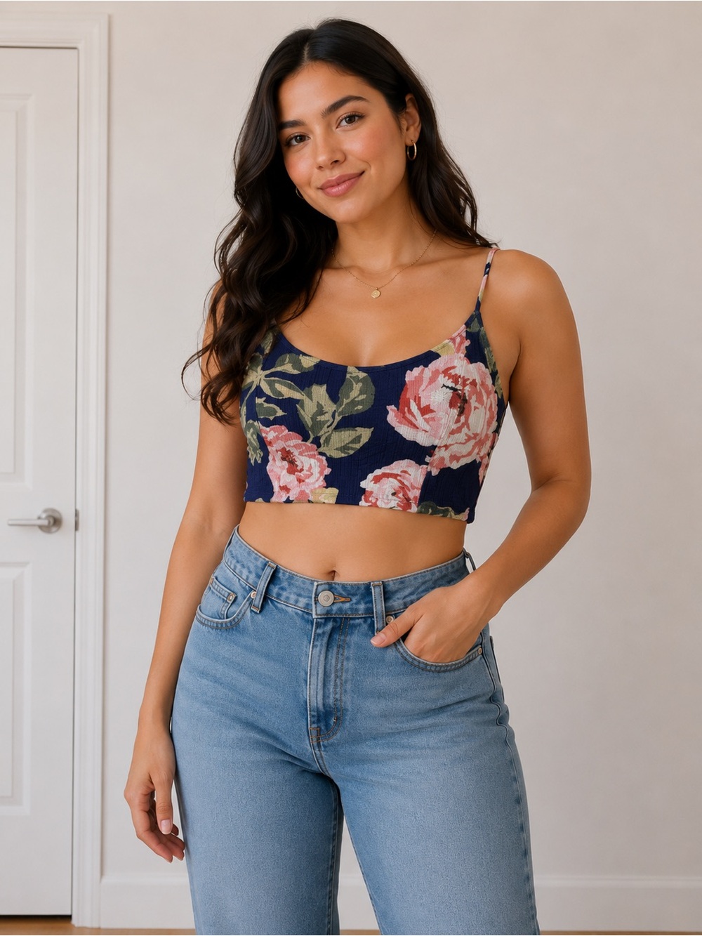 Cozy Casual Navy Floral Crop Top